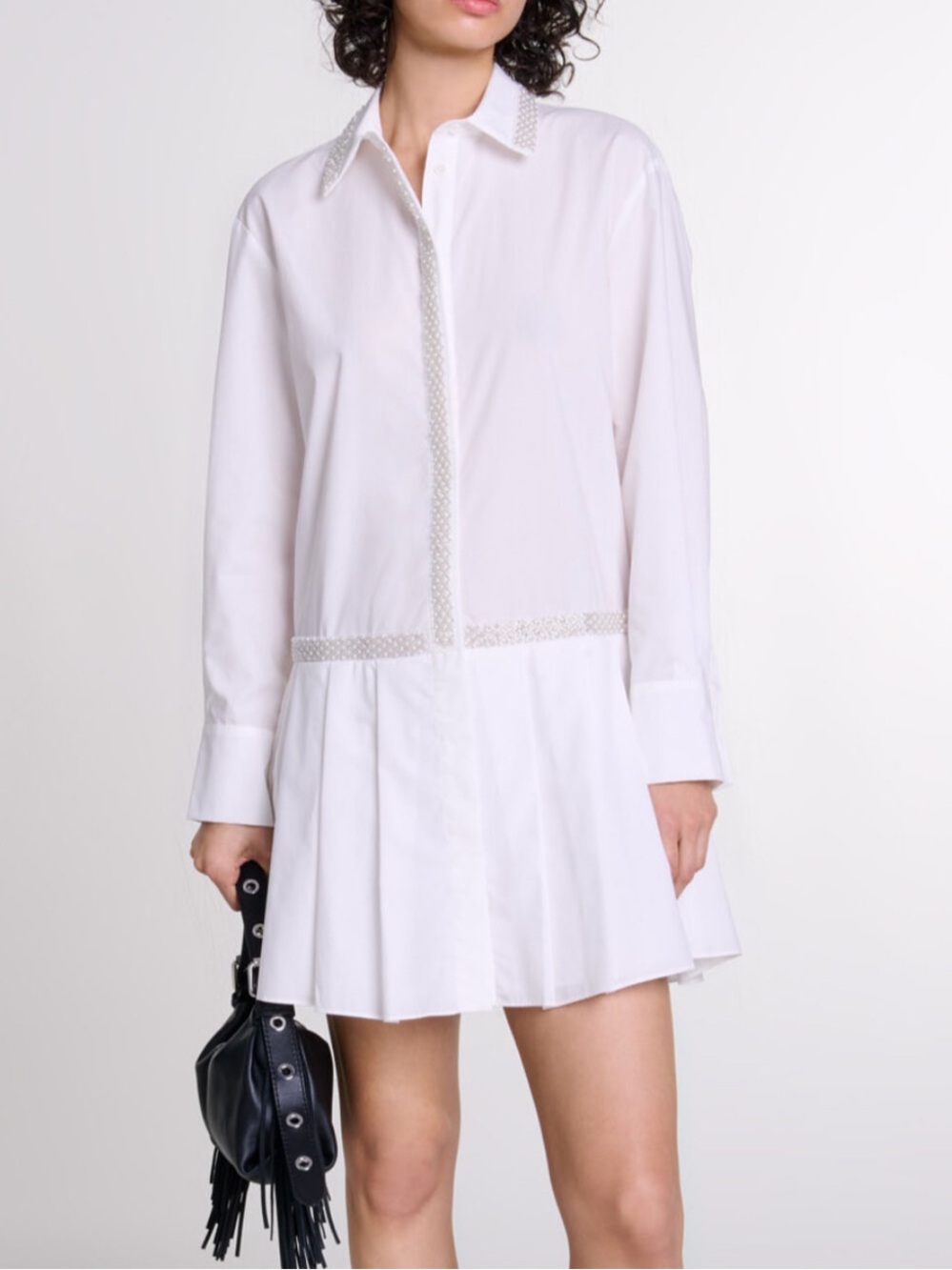 Maje beaded poplin shirt dress - dropped waist and pleated
